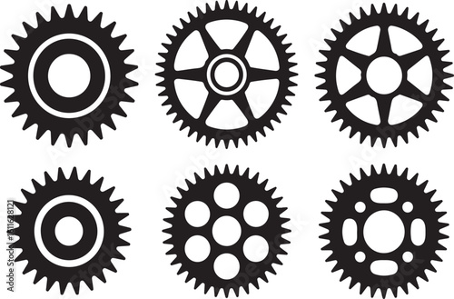 Mechanical Gear System Icons Bicycle Crank Gears, Industrial Cogs, and Chainrings in Flat Vector Style Mechanical Gear System Icons Bicycle Crank Gears, Industrial Cogs, and Chainrings 