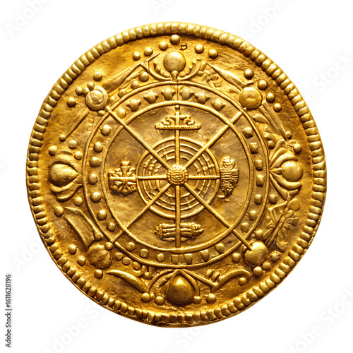 Ancient Tibetan Gold Coin Detailed CloseUp of a Historic Buddhist Relic