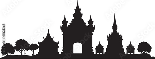 Black silhouette of Vientiane skyline, includes Patuxai Monument, temples, Lao city skyline on white background