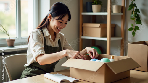 Female entrepreneur packing handmade goods