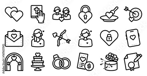 Wedding icon set related to marriage, love, married, marry, romantic, romance, couple, relationship, and others. vector illustration with line and outline style