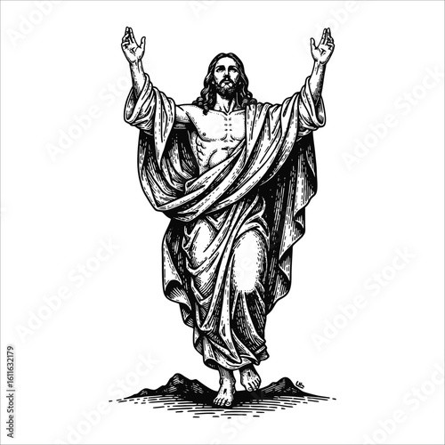 A detailed illustration of Jesus Christ standing with arms raised in a gesture of blessing or triumph, depicted in a classic, reverent style.