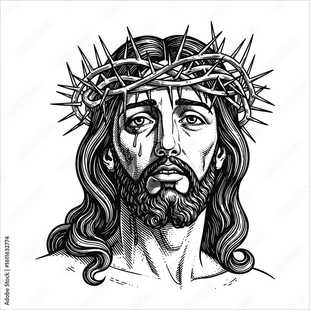 Obraz premium A detailed, somber portrait of Jesus Christ wearing a crown of thorns, with a tear visible on his cheek, rendered in a black and white illustrative style.