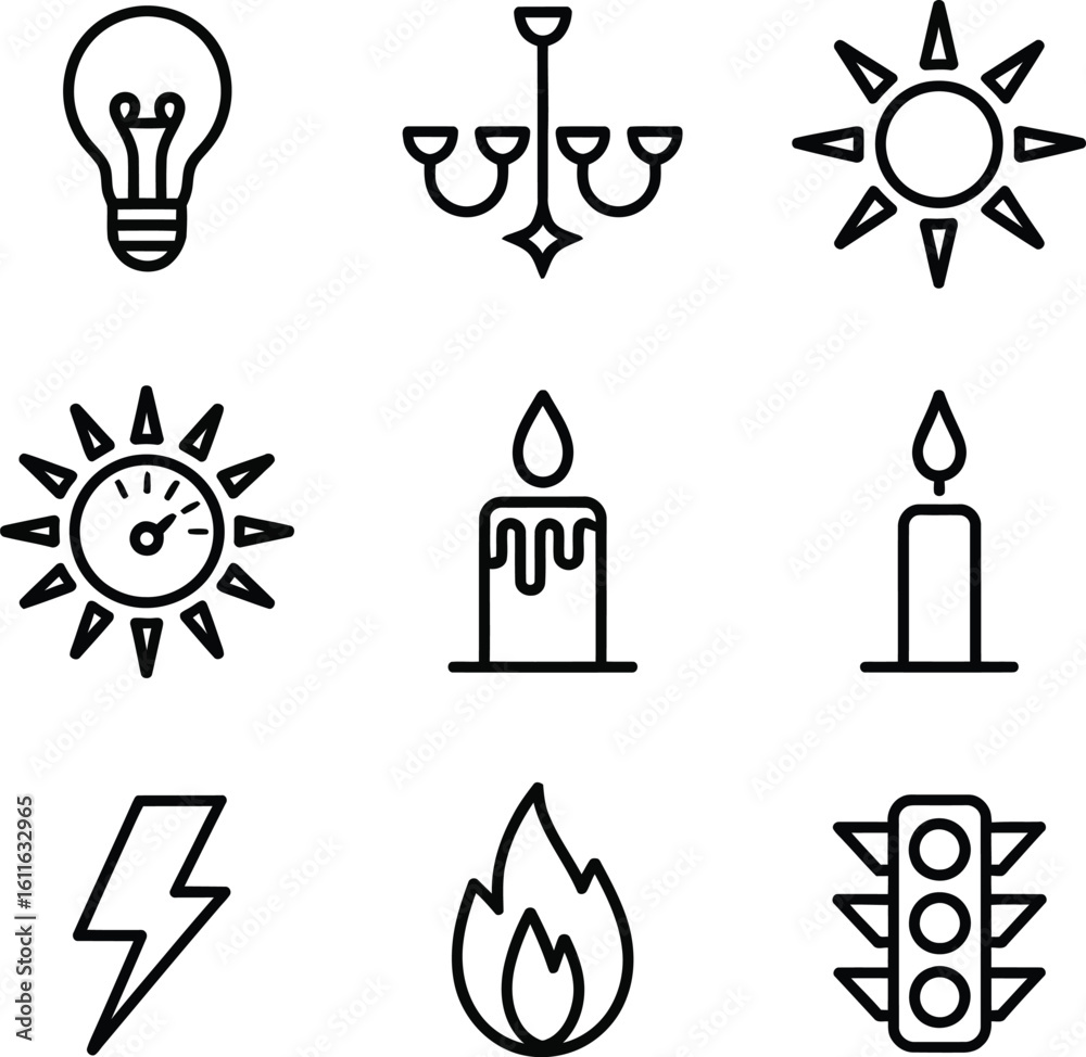 Fototapeta premium Light and energy icons including sun candle and traffic light