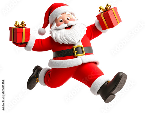 3D Cartoon Santa Claus Dancing with Gifts, Joyful Pose, Transparent Background