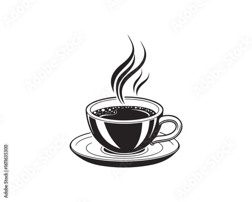 A classic, black and white vector illustration of a steaming cup of coffee