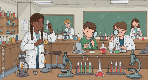 Science lab vector with students conducting experiments