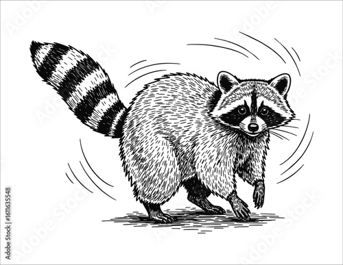 A black and white illustration depicts a fluffy raccoon with its distinctive masked face and ringed tail, captured mid-motion as it appears to be turning or scurrying.