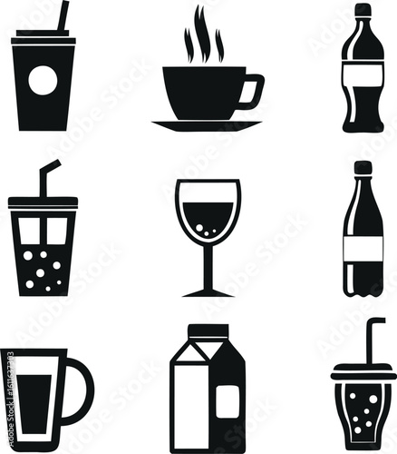 Silhouettes of drink containers including coffee cup, soda bottle, juice glass, and milk carton
