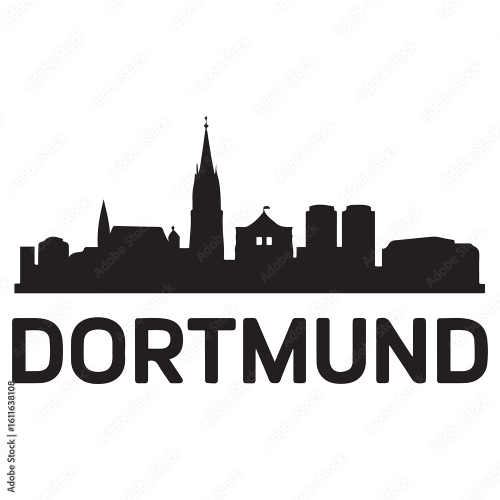 Naklejka premium Dortmund skyline silhouette. Black Dortmund city. Vector black silhouette. with white background