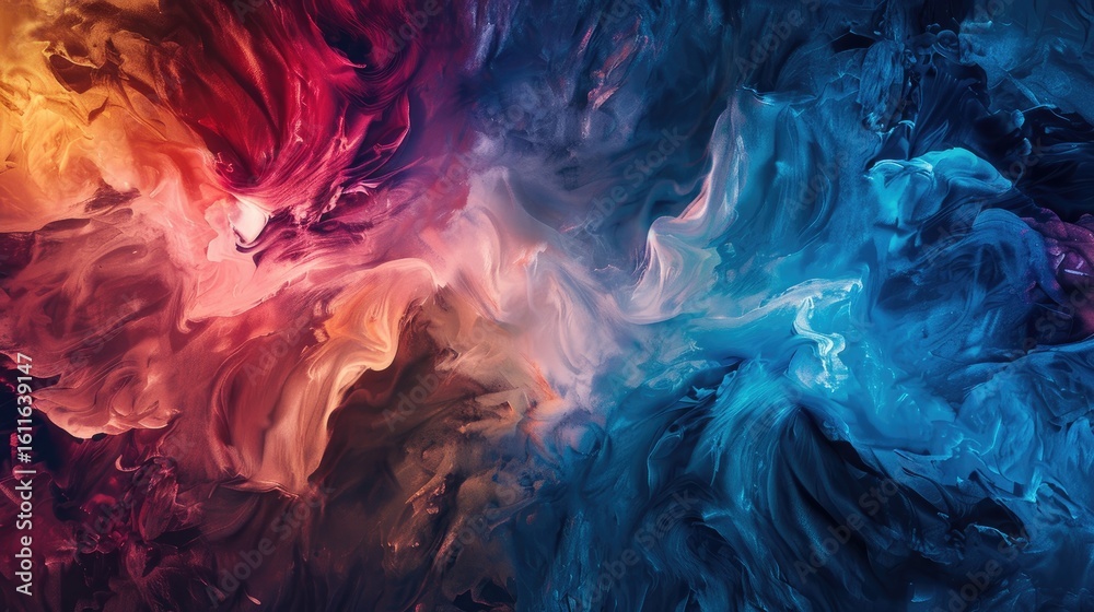Obraz premium Abstract swirling composition of warm reds, oranges, and cool blues, creating a dynamic, almost cosmic, visual effect with contrasting color temperatures and fluid, organic shapes