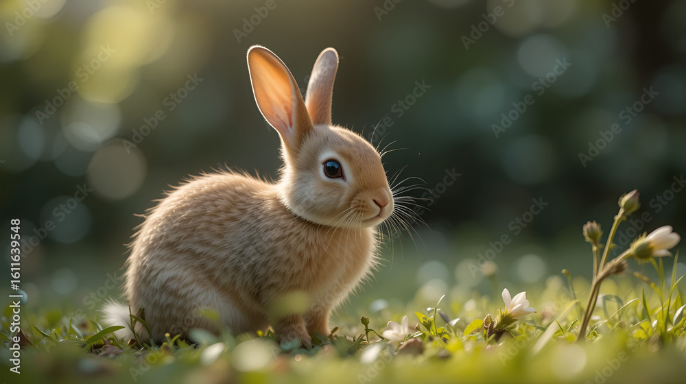 Fototapeta premium Little rabbit smelling a flower