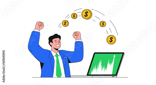 A joyful businessman celebrates a successful financial investment with dollar coins raining down while viewing an upward-trending graph on his laptop.