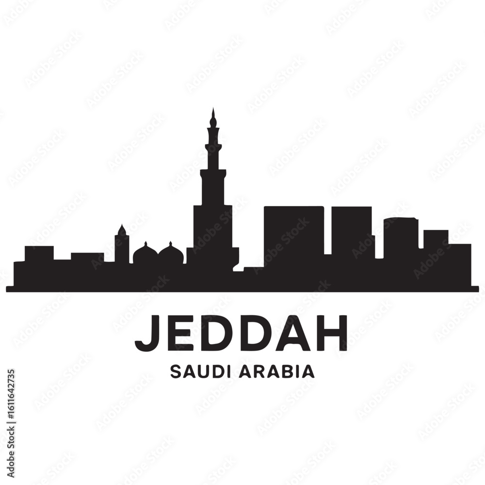 Jeddah skyline horizontal banner. Jeddah, Saudi Arabia. Vector template for your design. Vector black silhouette. with white background Jeddah skyline horizontal banner. Jeddah, Saudi Arabia. Vector template for your design. Vector black silhouette. with white background