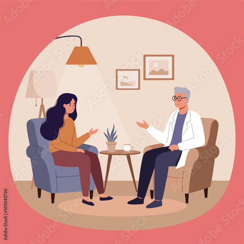 In a cozy room, a doctor sits opposite a woman during a therapy session, sharing a calm and supportive dialogue.