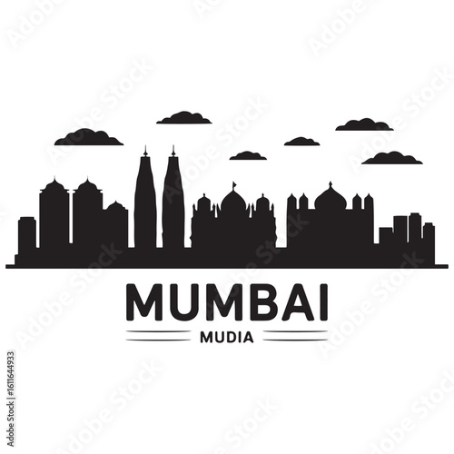 Mumbai skyline horizontal banner. Mumbai, India. Vector template for your design. Vector black silhouette. with white background