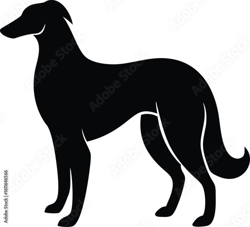 Borzoi dog silhouette in graceful pose with long muzzle and curved tail vector graphic for sighthound
