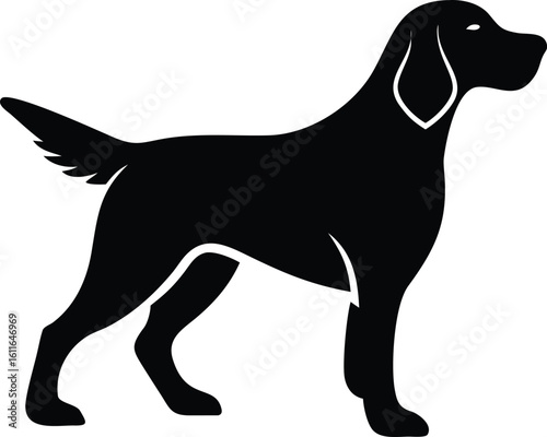 English Setter dog silhouette in side profile with feathered tail vector graphic for sporting breed design