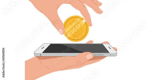 A hand places a golden Bitcoin coin onto a smartphone held in another hand, representing digital currency transactions and mobile technology on a white background.