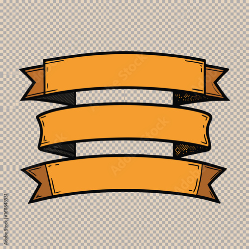 Hand Drawn Three Tiered Orange Ribbon Banner with Black Outline and Transparent Background for Graphic Design Projects