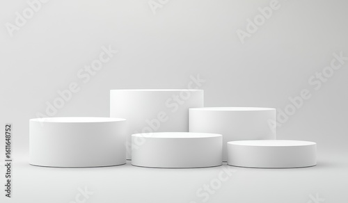 Five White Cylindrical Podiums of Varying Heights on a White Background Studio Shot