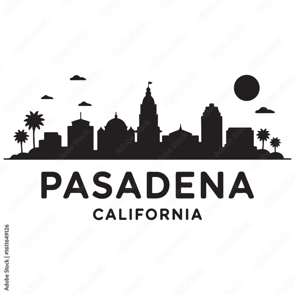 Fototapeta premium Pasadena skyline horizontal banner. Pasadena City, California. Vector template for your design. Vector black silhouette. with white background