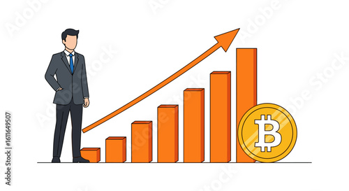 A confident businessman stands beside a rising bar chart and a Bitcoin coin, symbolizing successful cryptocurrency investment and financial growth.