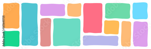 Doodle hand drawn frames with irregular uneven shapes, curved picture and painting frameworks, organic forms, colorful squares with wavy rough edges, wavy irregular rectangles