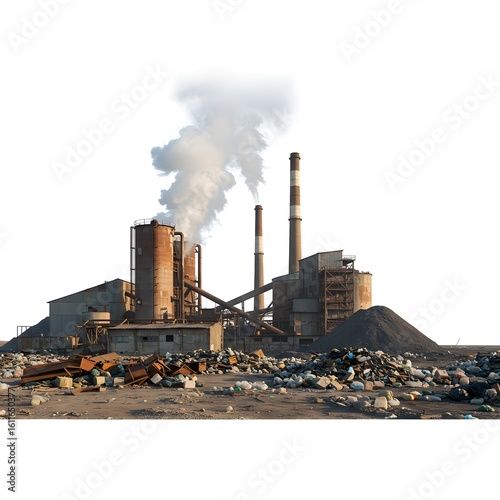 An industrial complex emitting pollution and smoke. The factory shows signs of environmental damage and waste
