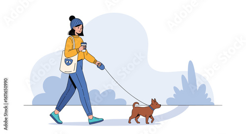 A person enjoys a brisk walk with their small dog during a cold winter day outdoors