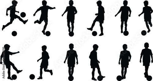 Silhouette of boys playing soccer, football kid vector, child kicking ball, sports activity silhouettes, boys training soccer, youth game, action pose bundle