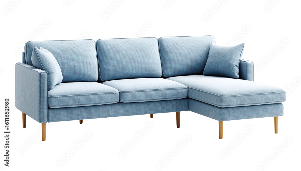 Fototapeta premium Modern light blue sofa with chaise lounge on transparent background