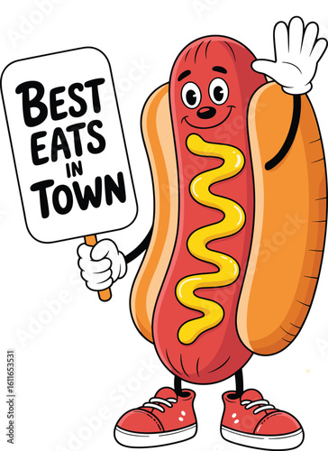 Cartoon hot dog character holding “Best Eats in Town” sign—fun fast food mascot vector for retro diner branding or kids’ food merchandise