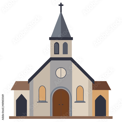 Church building with a steeple and cross in a minimalist design  