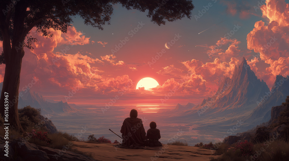Obraz premium Two Figures Watching Sunset Over Ocean With Stunning Castle View