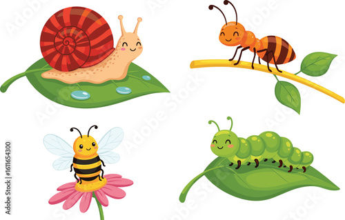 Cute cartoon insect and snail character set—colorful illustrations with leaves, flowers, and branch details for children’s nature clipart designs