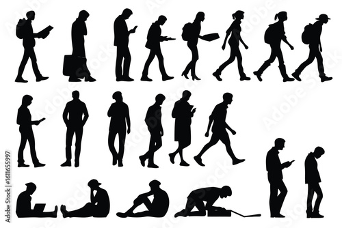 Collection of diverse human silhouettes engaged with technology and daily activities