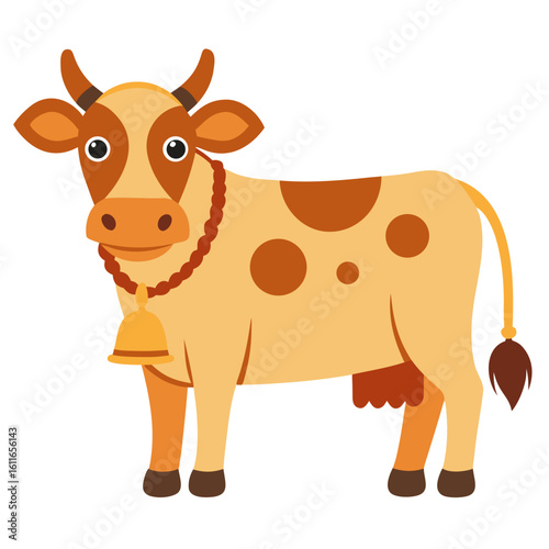 Cartoon sacred cow standing with bell and brown spots on white background