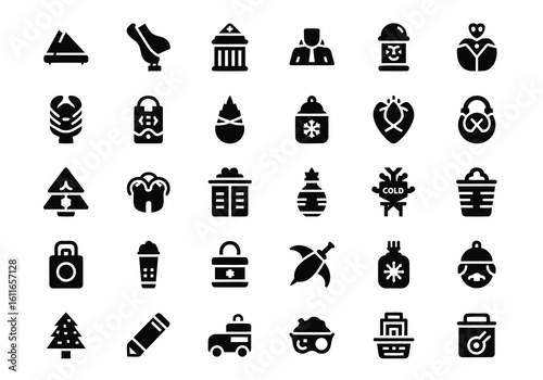 Vector art of a collection of diverse black icons representing various objects and concepts, including holiday symbols and everyday items