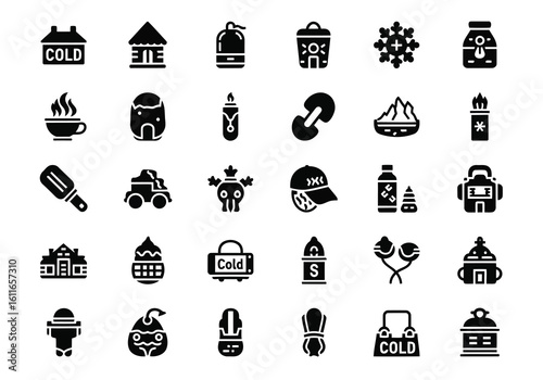 Vector art of a collection of winter and cold weather themed icons, including houses, snowflakes, ice cream, and warm beverages