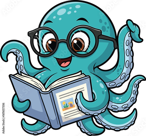 Adorable cartoon octopus wearing glasses reading a book with illustration of landscape