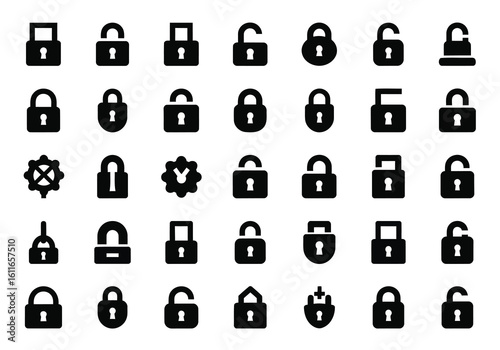 Vector art of a diverse collection of black padlock icons representing security, access, and protection in digital and physical realms
