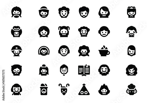 Vector art of a diverse collection of simple black and white avatar icons representing various people and emotions