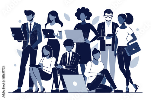 Diverse group of professionals collaborating with laptops and tablets
