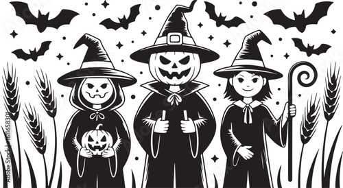 Monochrome Halloween Costumed Kids Vector Illustration with Bats and Wheat