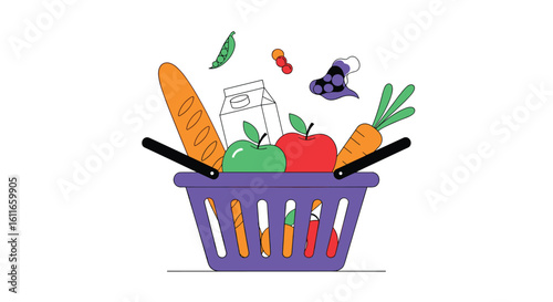 Fresh produce shopping basket filled with healthy fruits and vegetables for nourishing meals