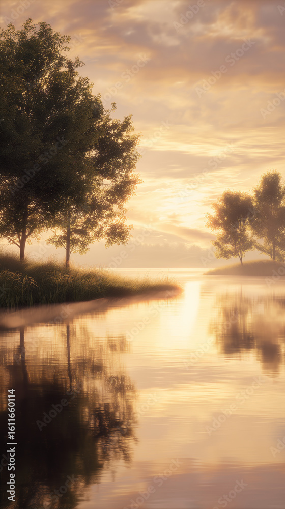 Fototapeta premium Tranquil Sunrise Over Serene Lake Surrounded by Lush Greenery and Trees