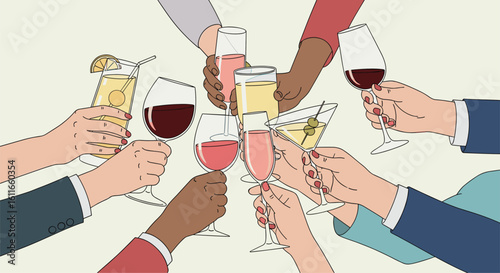 Celebration and toasting drinks between friends and colleagues at a festive gathering