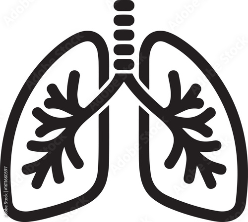 Simple black outline icon of human lungs and trachea representing respiratory system health