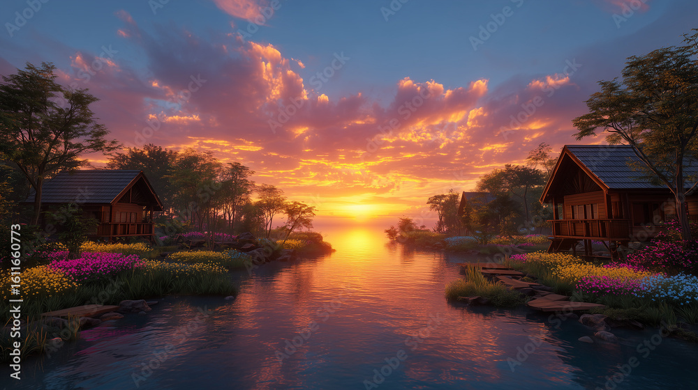 Fototapeta premium Tranquil Lakeside Cottages Surrounded by Lush Greenery at Sunset 